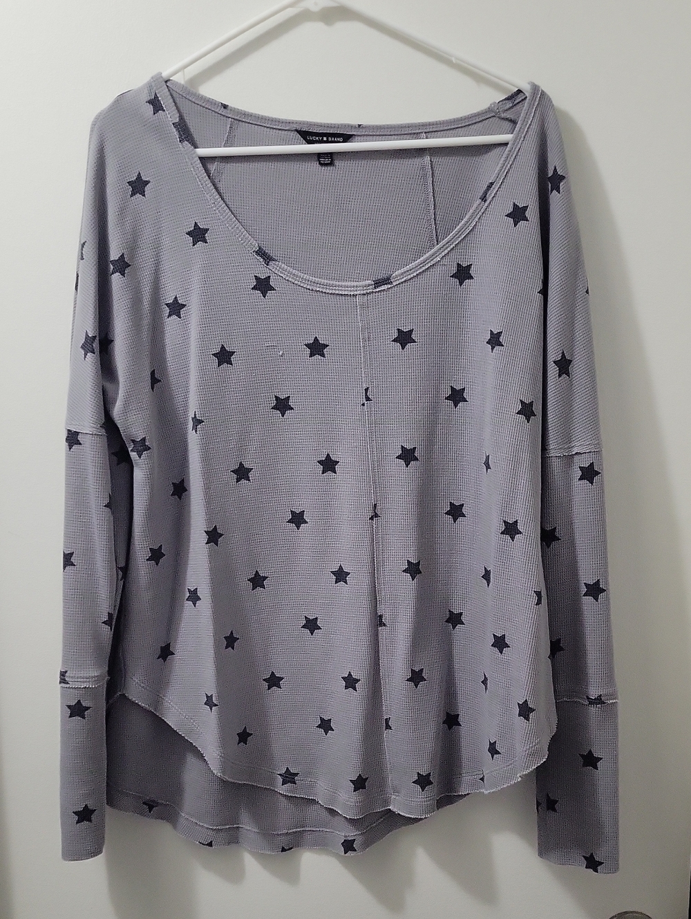 Lucky Brand Gray Star-Print Waffle Knit Long Sleeve Top